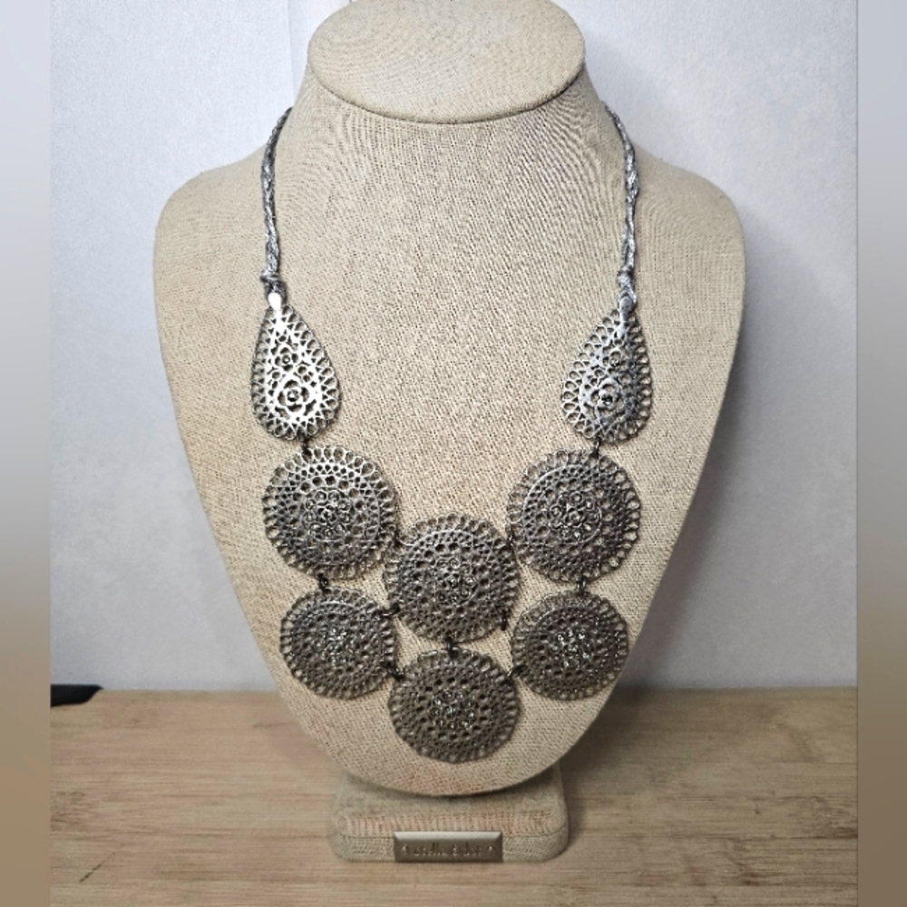 Stella & Dot Medina Silver Medallion Cluster Crystal Bib Necklace Retired
